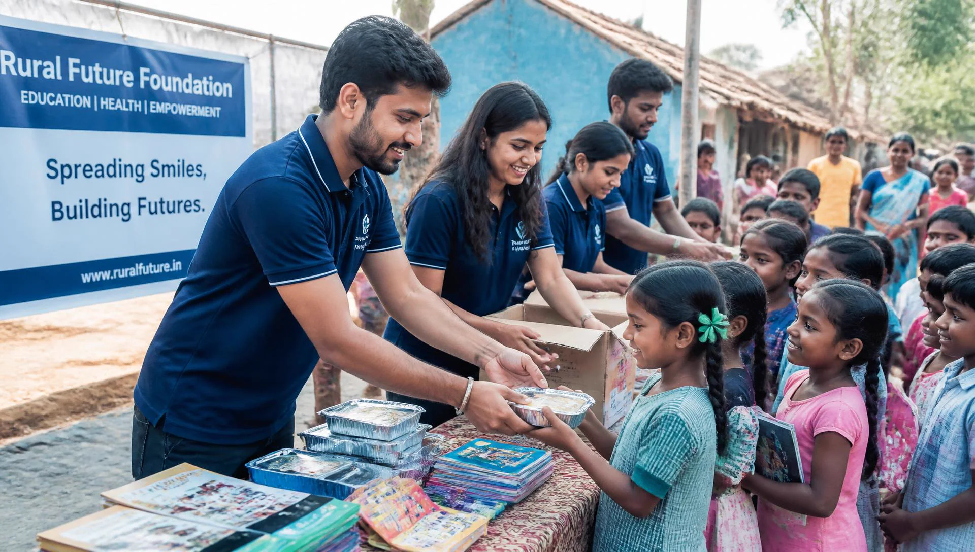 கிராமக் குழந்தைகளுக்கு உணவு மற்றும் கல்விப் பொருட்களை வழங்கும் அறக்கட்டளை தன்னார்வலர்கள்